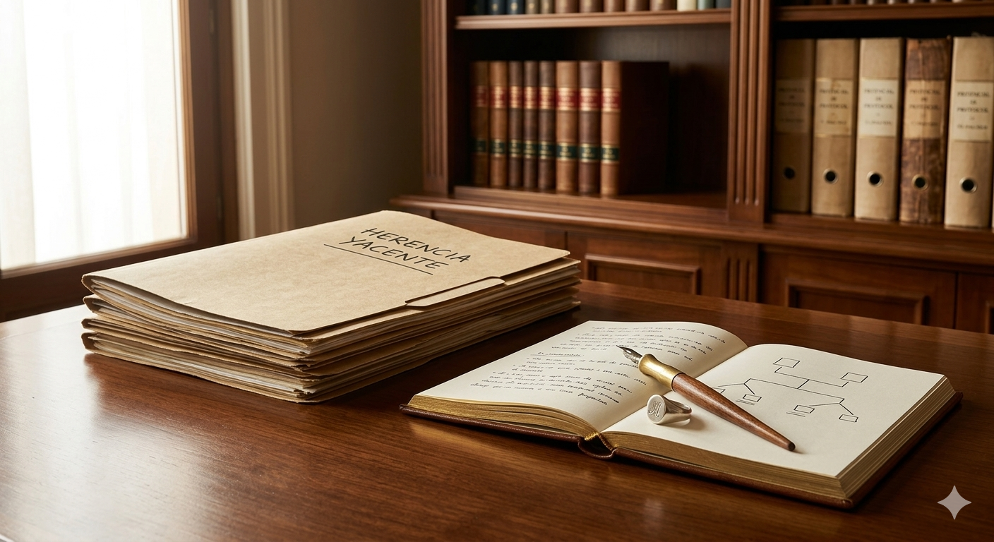 Carpeta de Herencia Yacente y diagrama familiar sobre escritorio de madera en despacho de abogados de Plasencia.